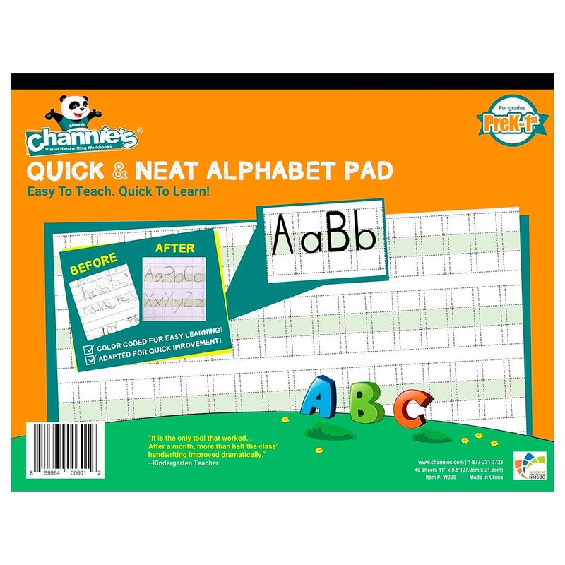 Channie's Channieâ€™s Quick & Neat Alphabet Writing Pad, Practice Handwriting, 80 Pages Front & Back, 40 Sheets, Pre Kindergarten Books & First Grade Workbook, Homeschool Learning Supplies, Size 8.5â€ x 11â€ - Image 1